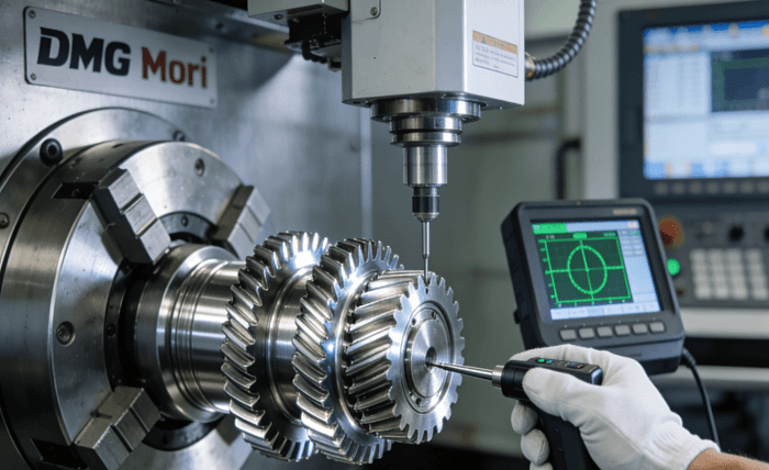 40% cost savings Aerospace companies avoid component failures through precision gear machining Precision inspection of a helical gear for an aerospace component using a CMM machine in a CNC machining facility